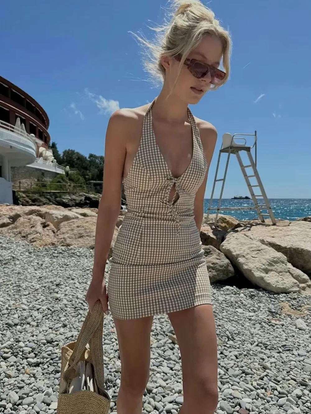 GRID PRINT MINI DRESS