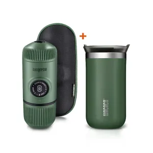 WACACO BUNDLE - Elements Nanopresso Portable Espresso Maker with Protective Case (Manually Powered)   Octaroma Vacuum Insulated Mug 300ML - Green