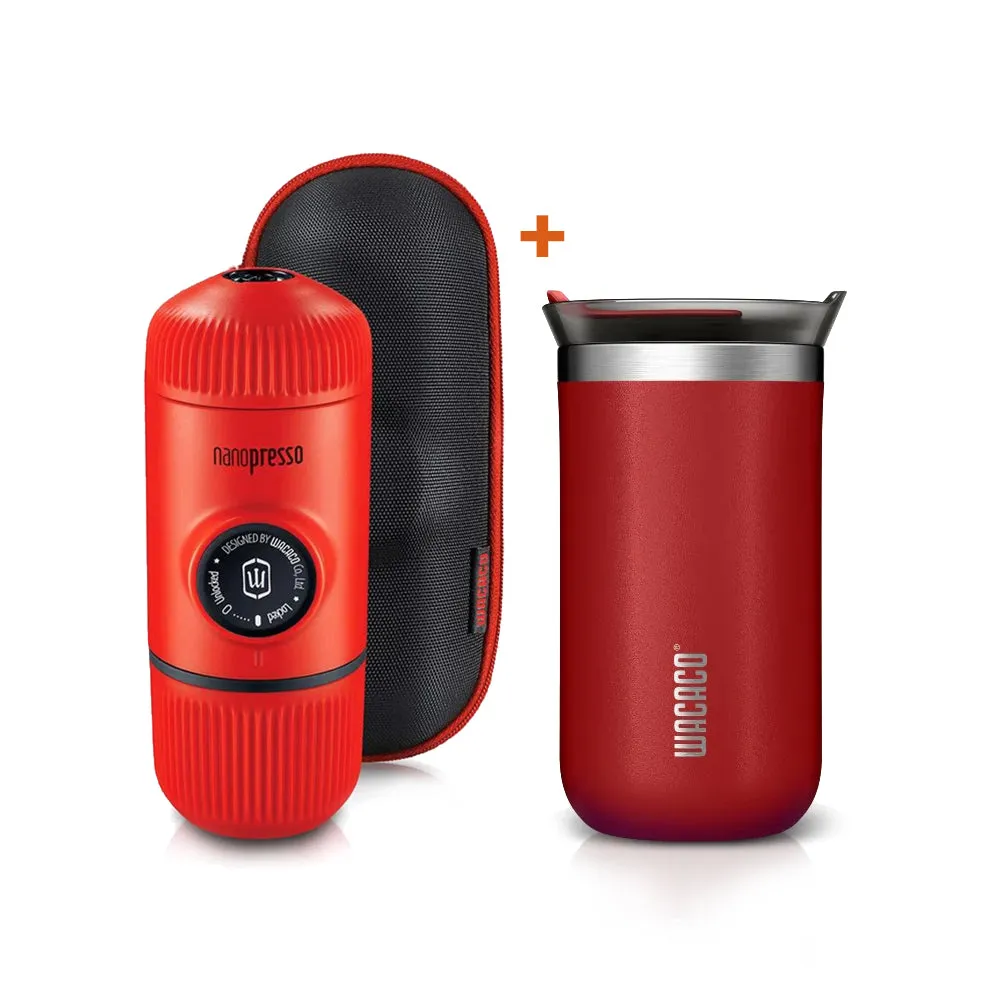 WACACO BUNDLE - Elements Nanopresso Portable Espresso Maker with Protective Case (Manually Powered)   Octaroma Vacuum Insulated Mug 300ML - Red